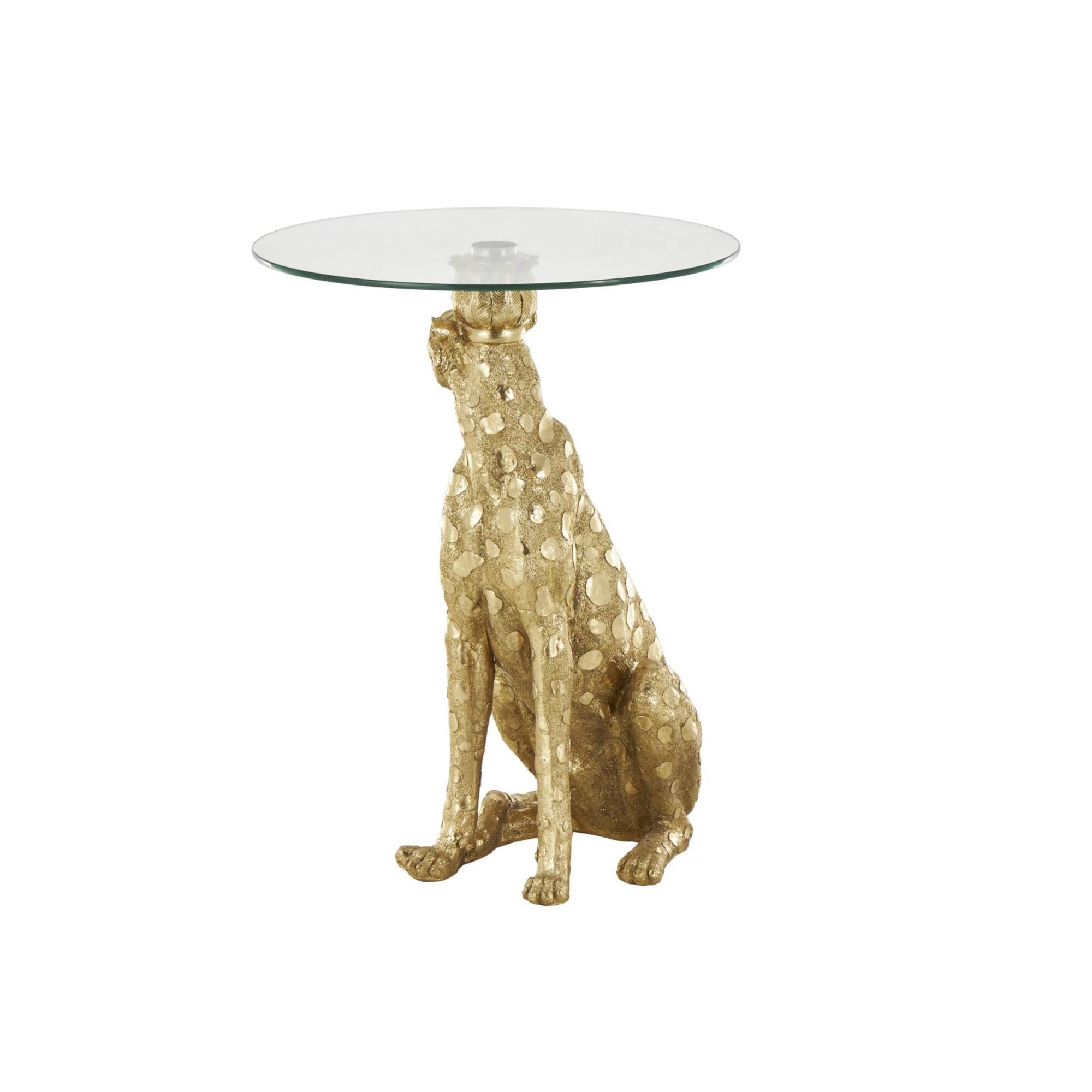 21" x 25" Gold Resin Leopard Sitting Metallic Accent Table with Round Glass Tabletop